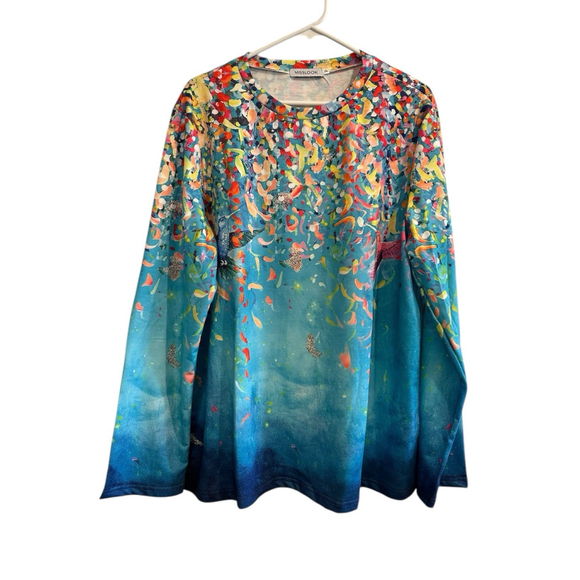 Misslook Hippie Party Tee Shirt Tunic Blouse Womens XL Blue Hummingbird Confetti - Picture 6 of 16